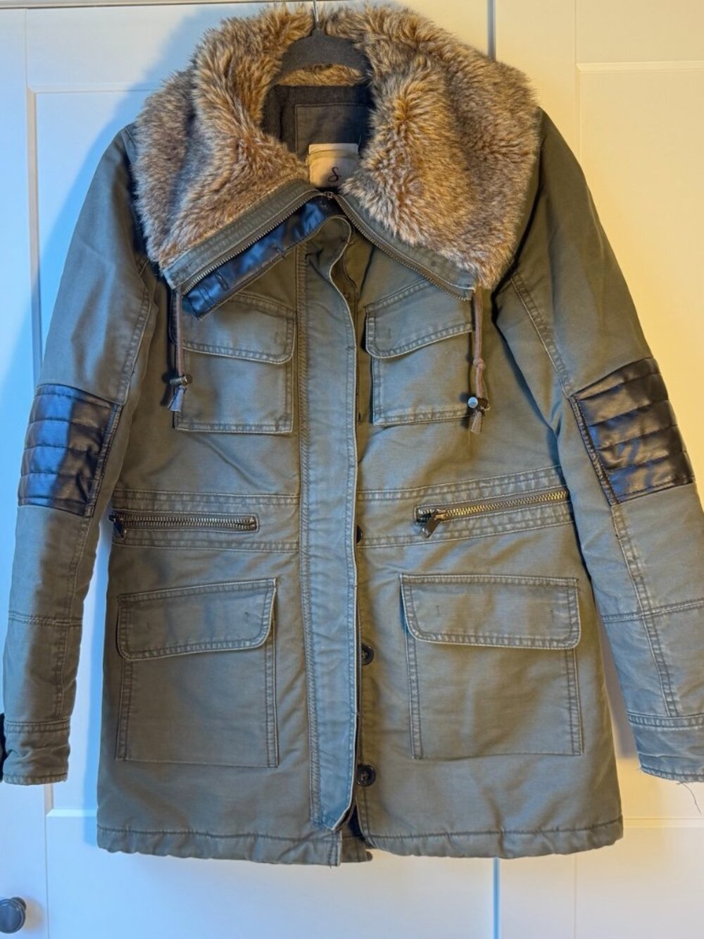 Women's Olive Green Faux Fur Hooded Parka Coat | Size S | Winter Jacket